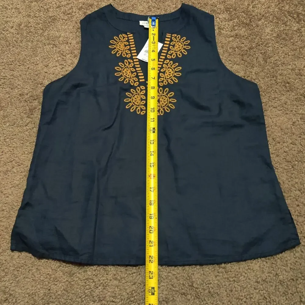 J. Crew Linen Embroidered Shirt Bib Y Neck Sleeveless Women's‎ Size 4 New